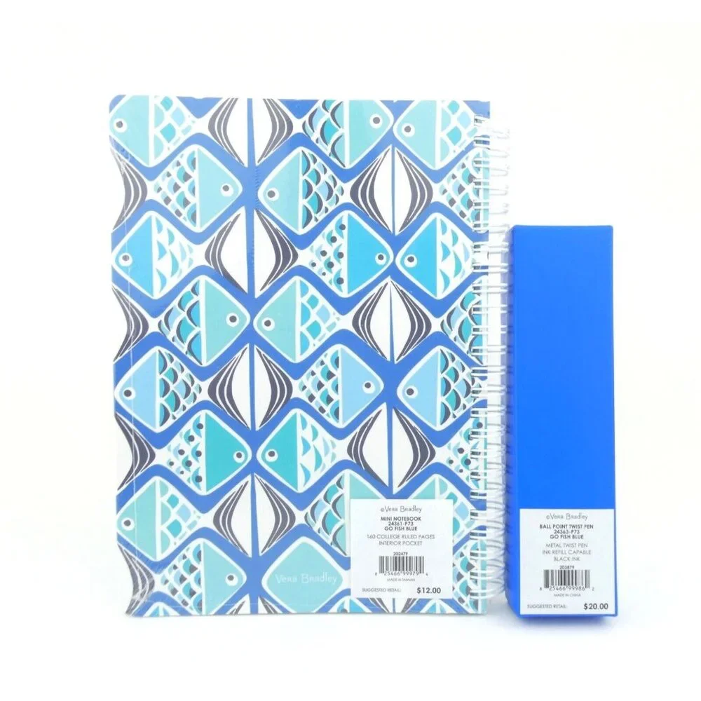 Vera‎ Bradley Go Fish Blue Mini Spiral Notebook & Ball Point Pen Set NWT